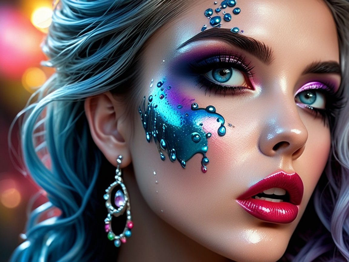 Beauty Portrait of a Woman with Blue Hair and Bold Makeup