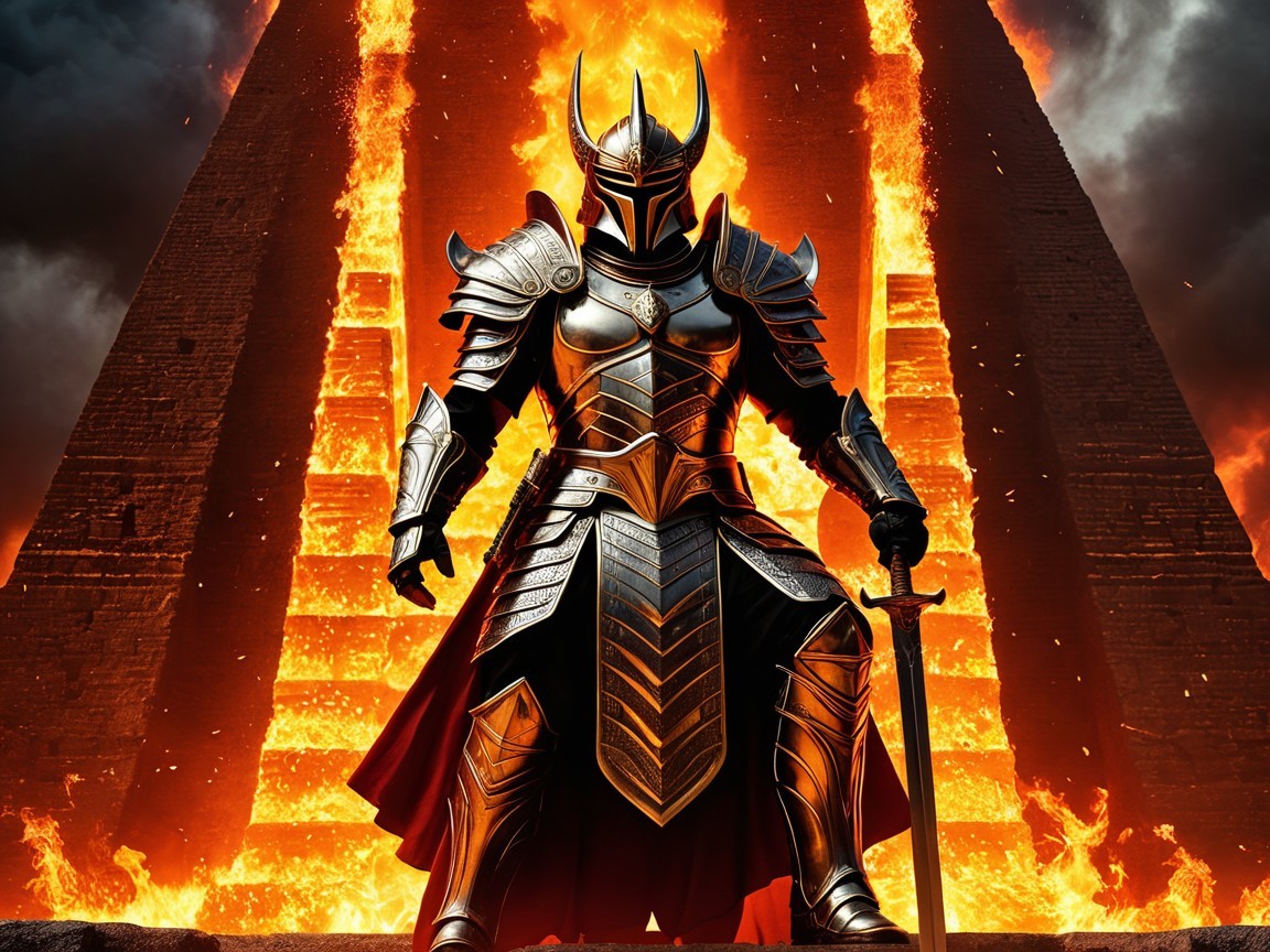 Warrior in Armor Stands Before Fiery Pyramid