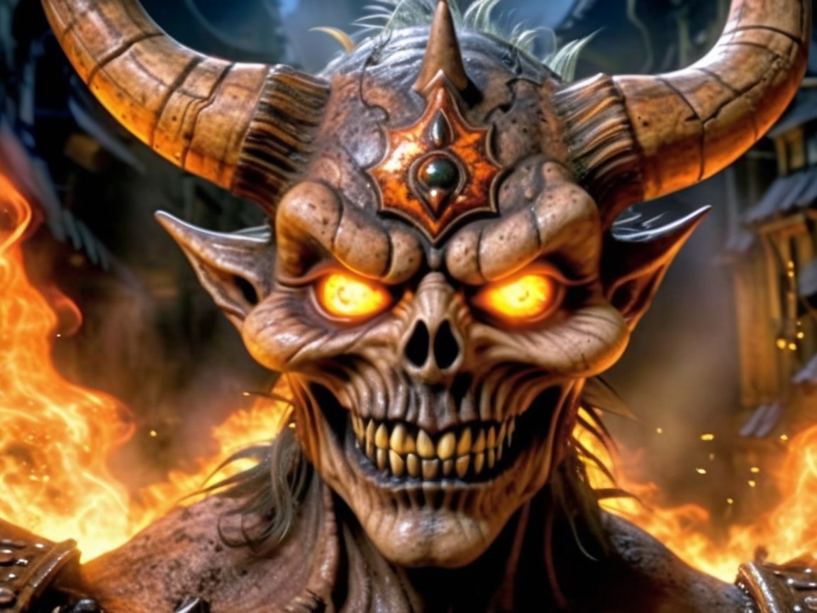 Menacing demon with curved horns and glowing eyes