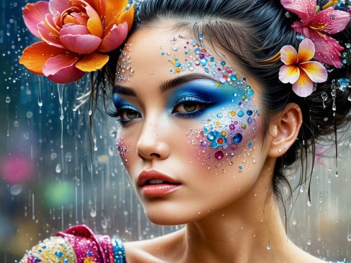 Portrait of a woman with vibrant makeup and jewels