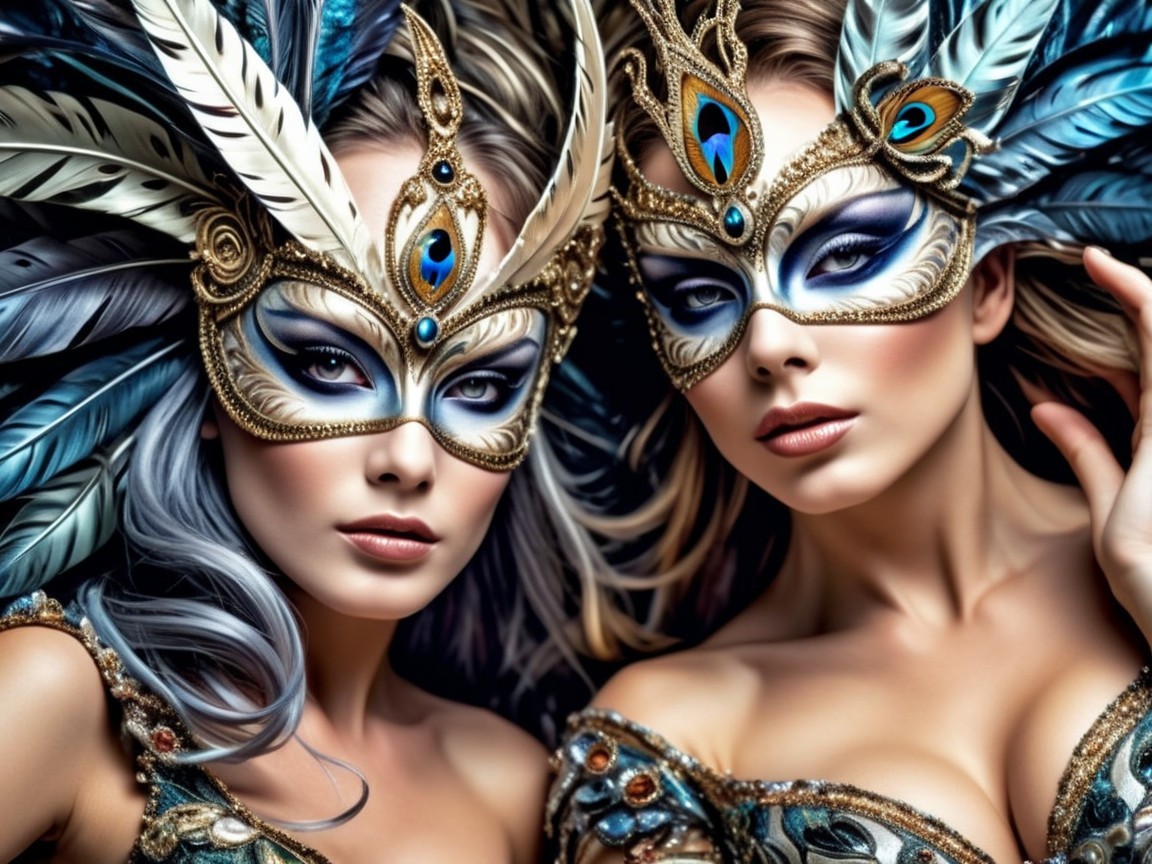 Elegant Women in Feathered Masks with Intricate Designs
