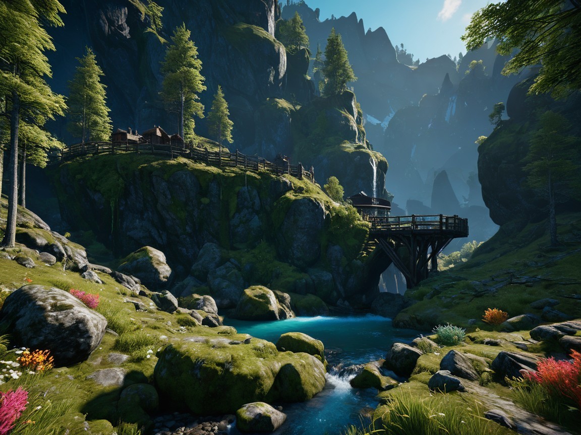 Lush Green Valley with Mountains and Rustic Cabin