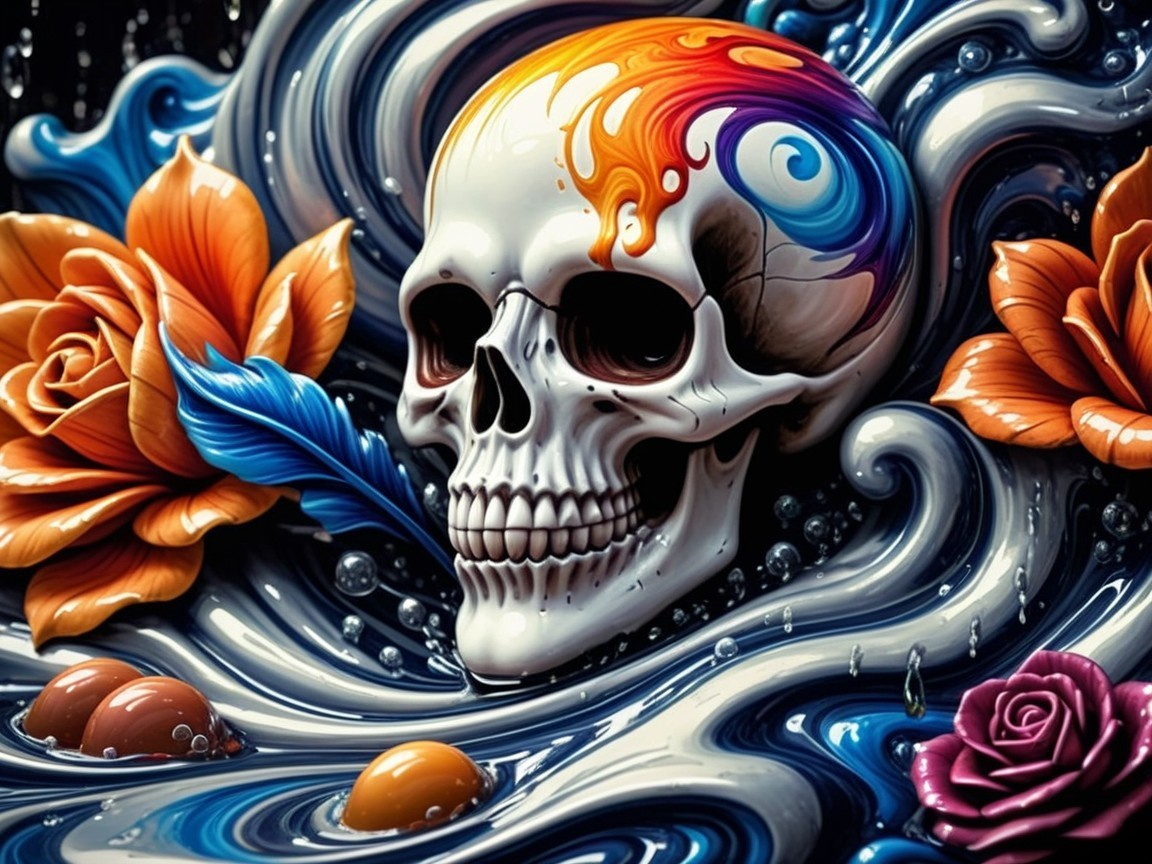 Vibrant Skull Design with Roses and Surreal Patterns