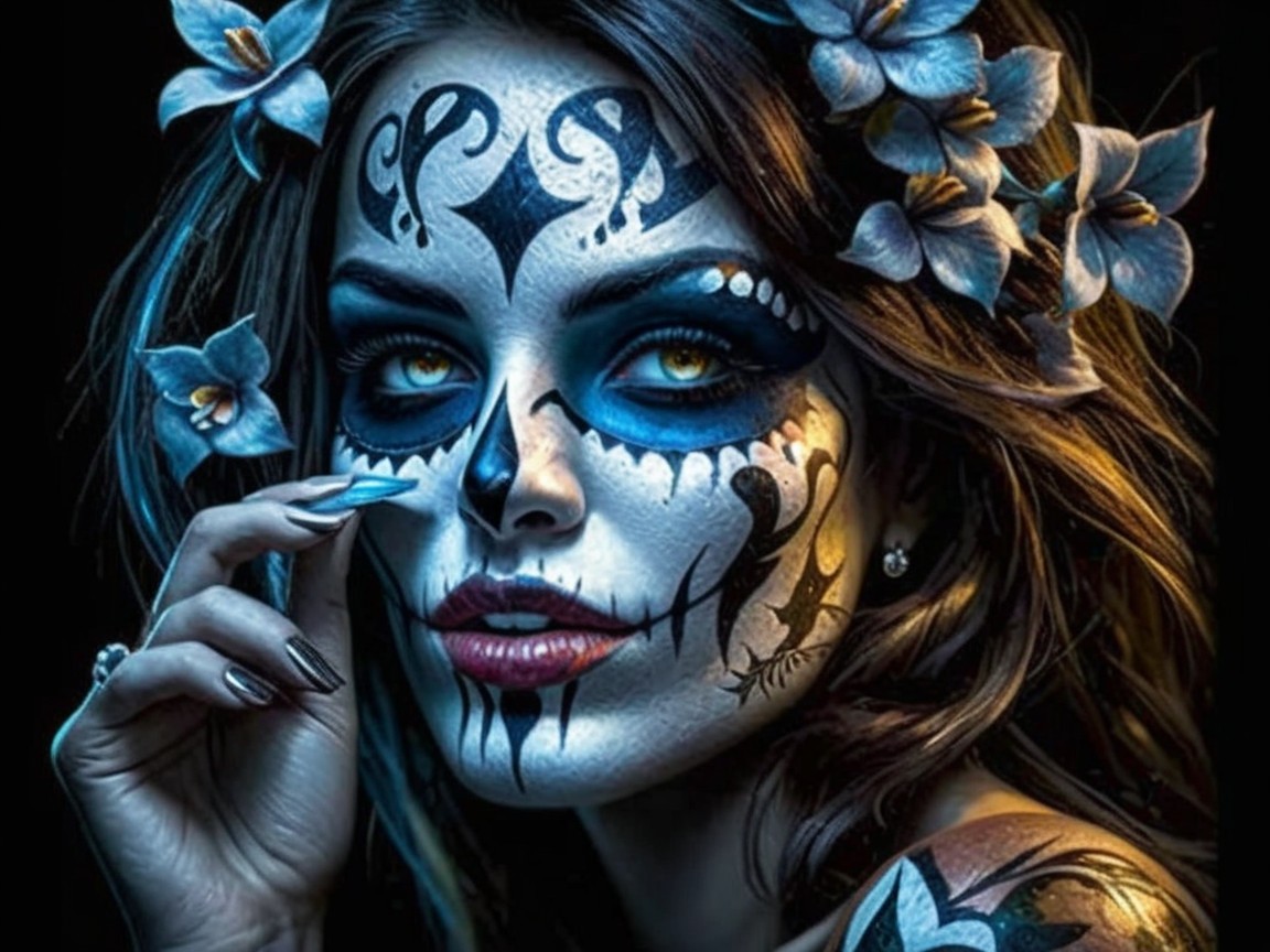 Portrait of Woman in Sugar Skull Makeup for Día de los Muertos