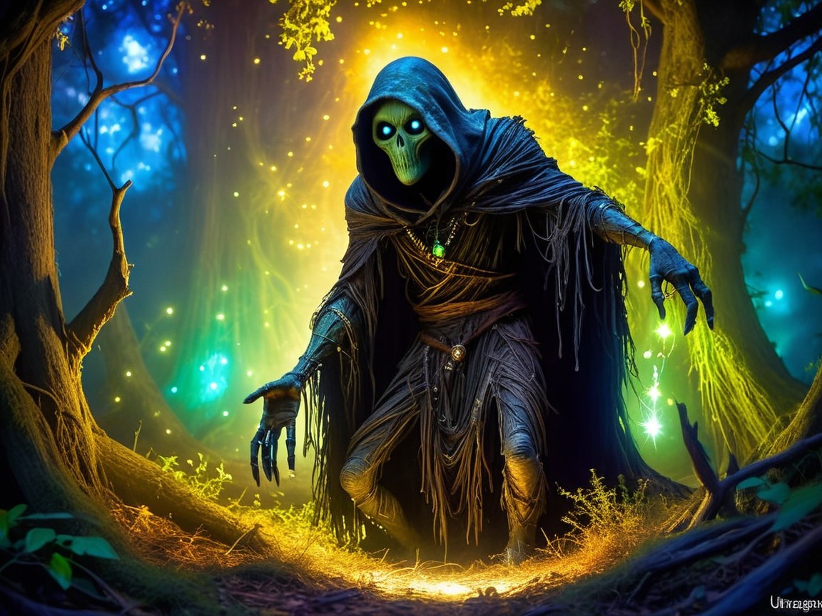 Cloaked Figure with Glowing Skull in Mystical Forest