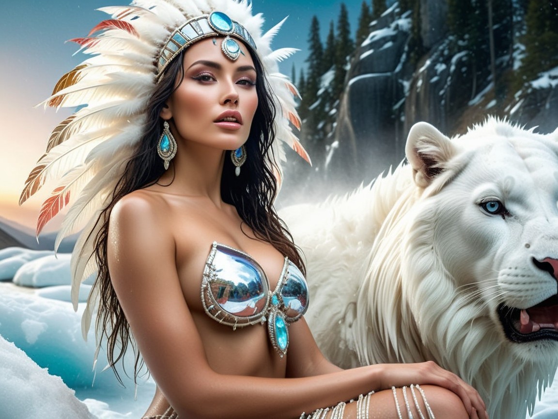Silver Tribal Outfit with White Lion in Icy Landscape