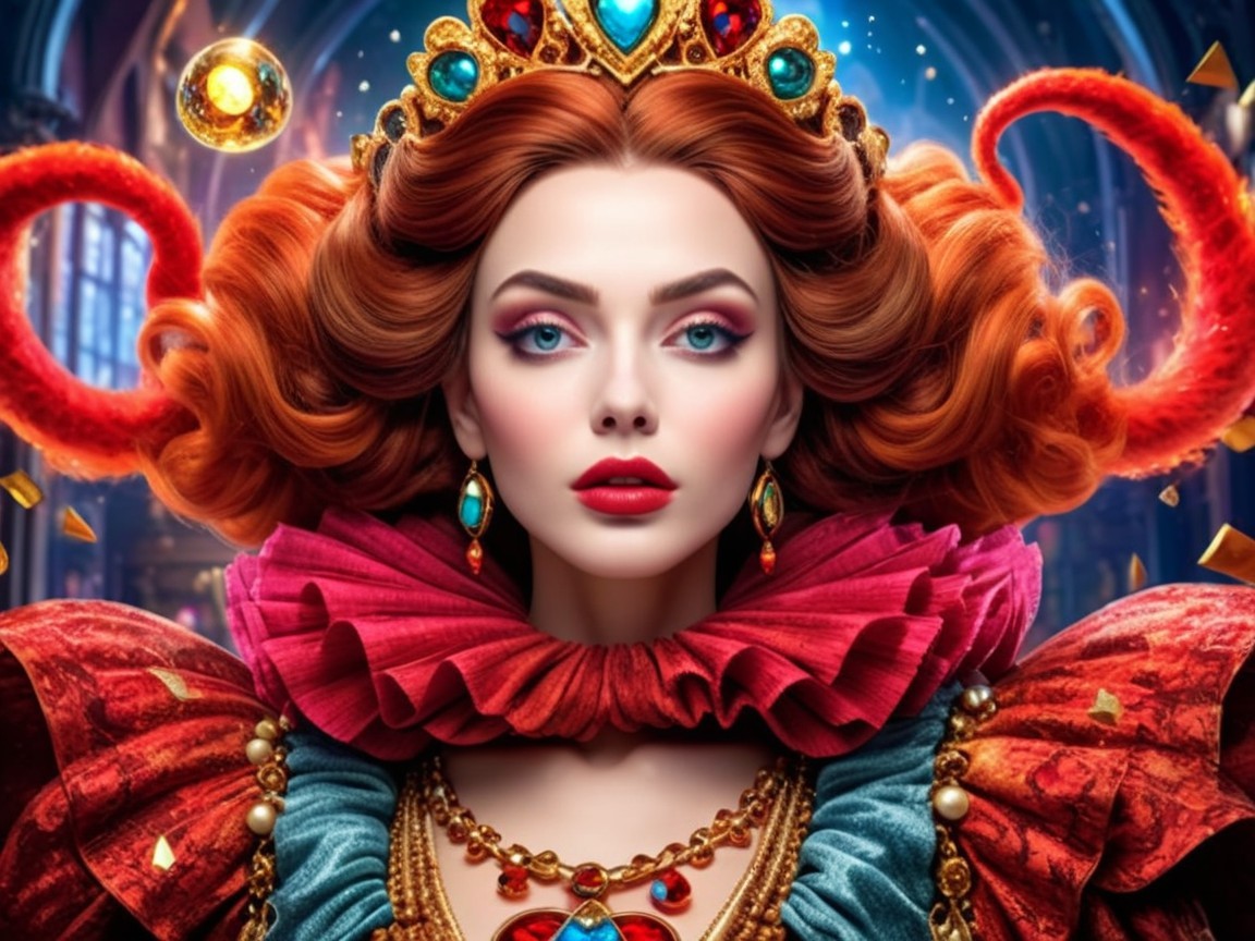 Regal figure in gown with red ruffles and crown