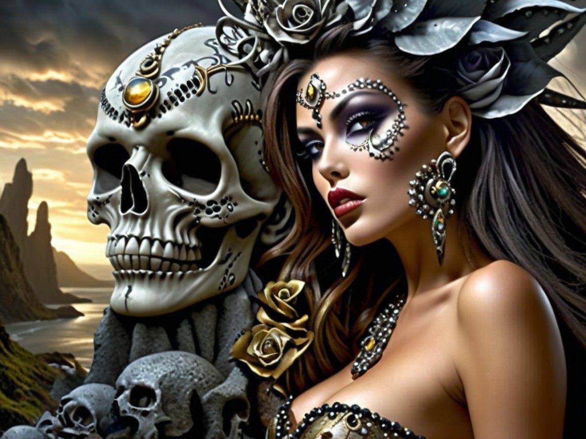 Elegant Woman with Jewelry and Skull at Sunset