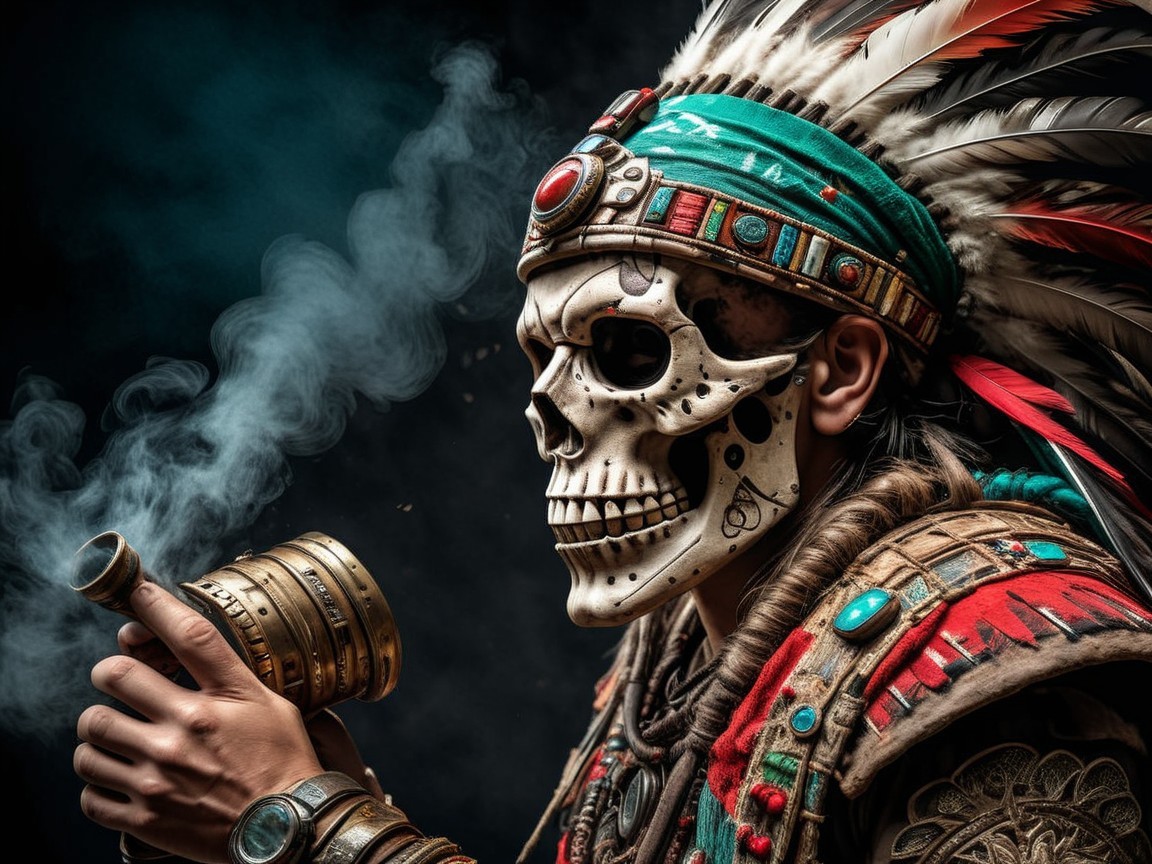 Traditional Indigenous Attire with Feathered Headdress