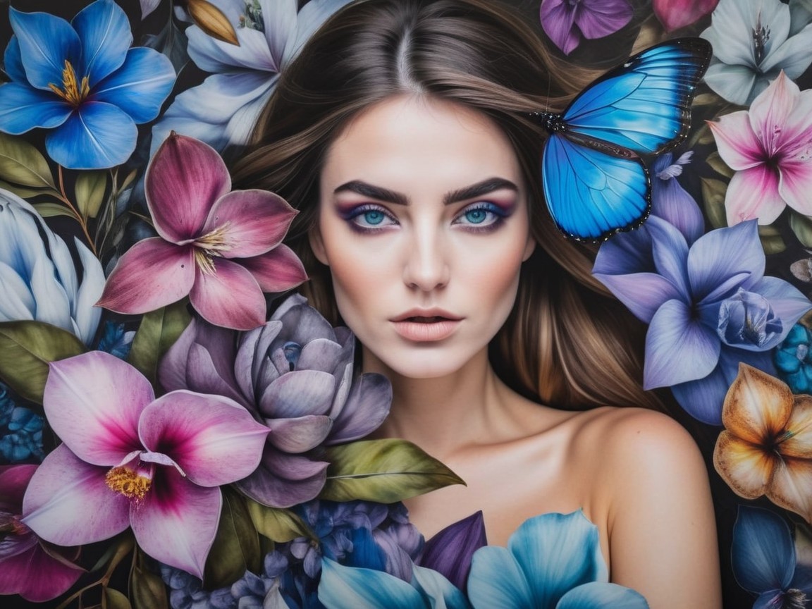 Portrait of a Woman with Colorful Floral Background
