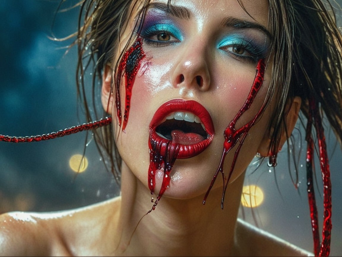 Portrait of a Woman with Dramatic Makeup and Surreal Elements