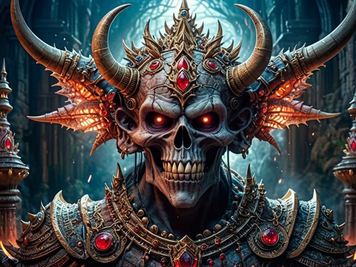 Skeletal Figure in Ornate Armor with Glowing Eyes