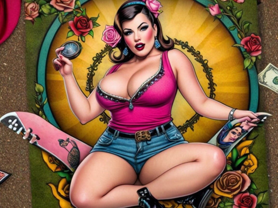 Glamorous Woman in Vintage Pin-Up Style with Roses