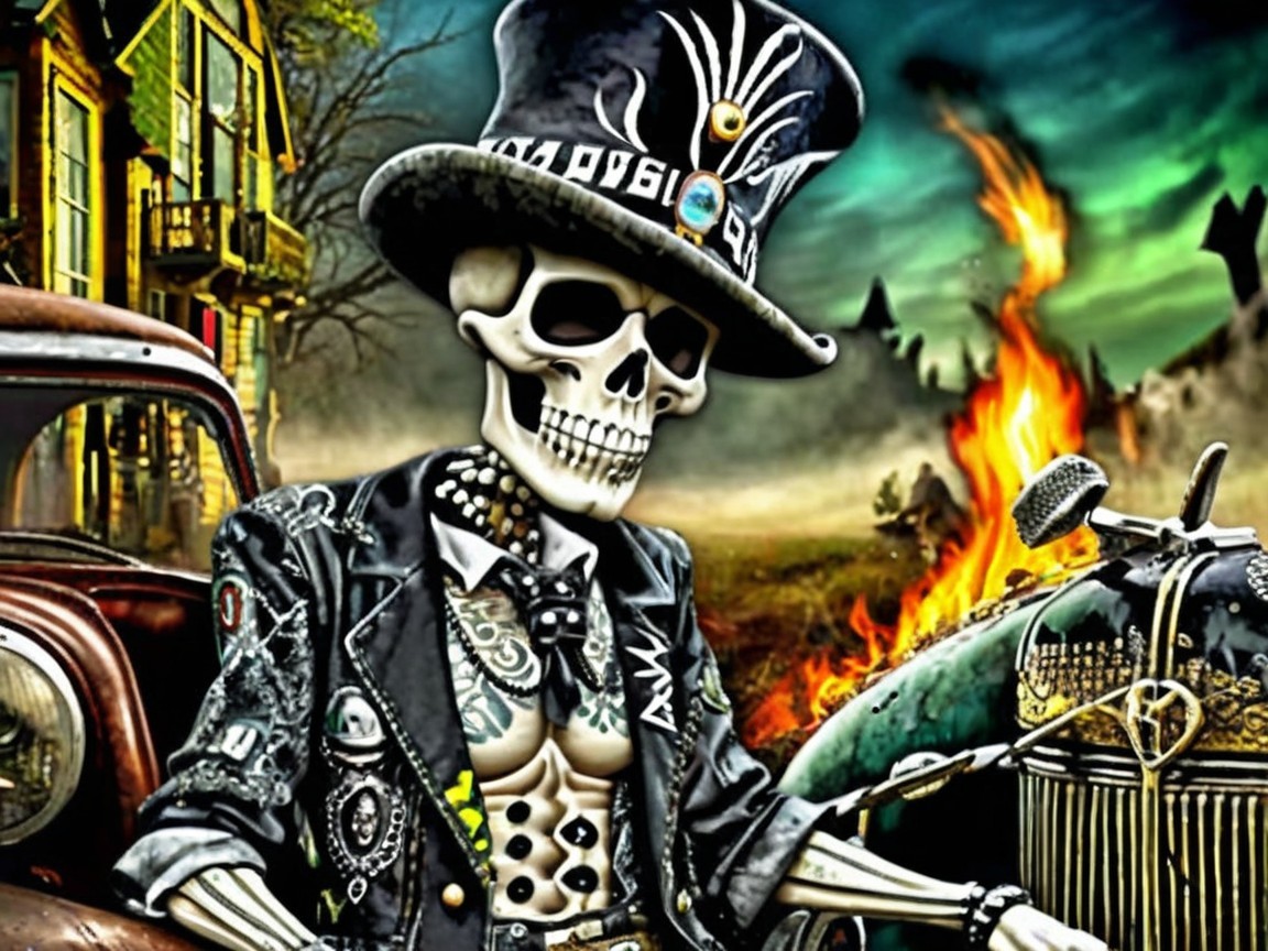 Skeleton in Edgy Outfit Among Vintage Cars and Haunting Landscape