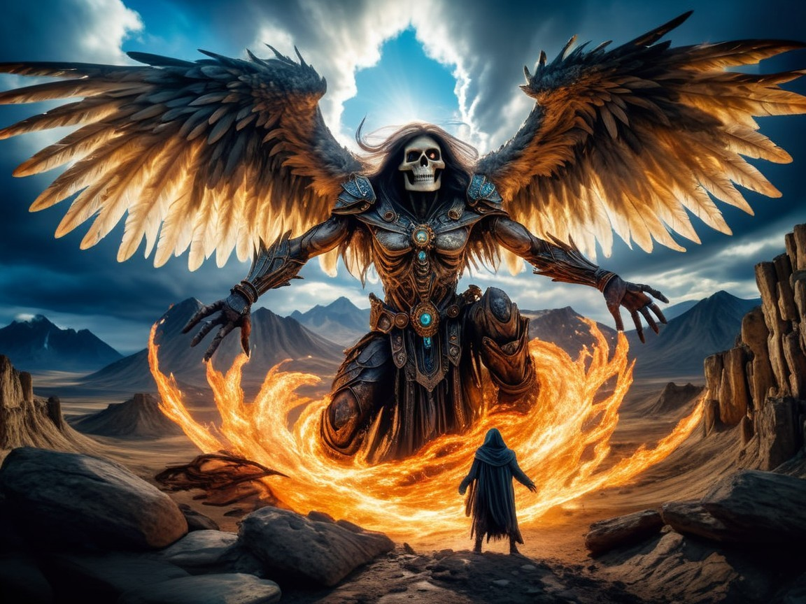 Skeletal Figure with Fiery Wings in Dramatic Landscape