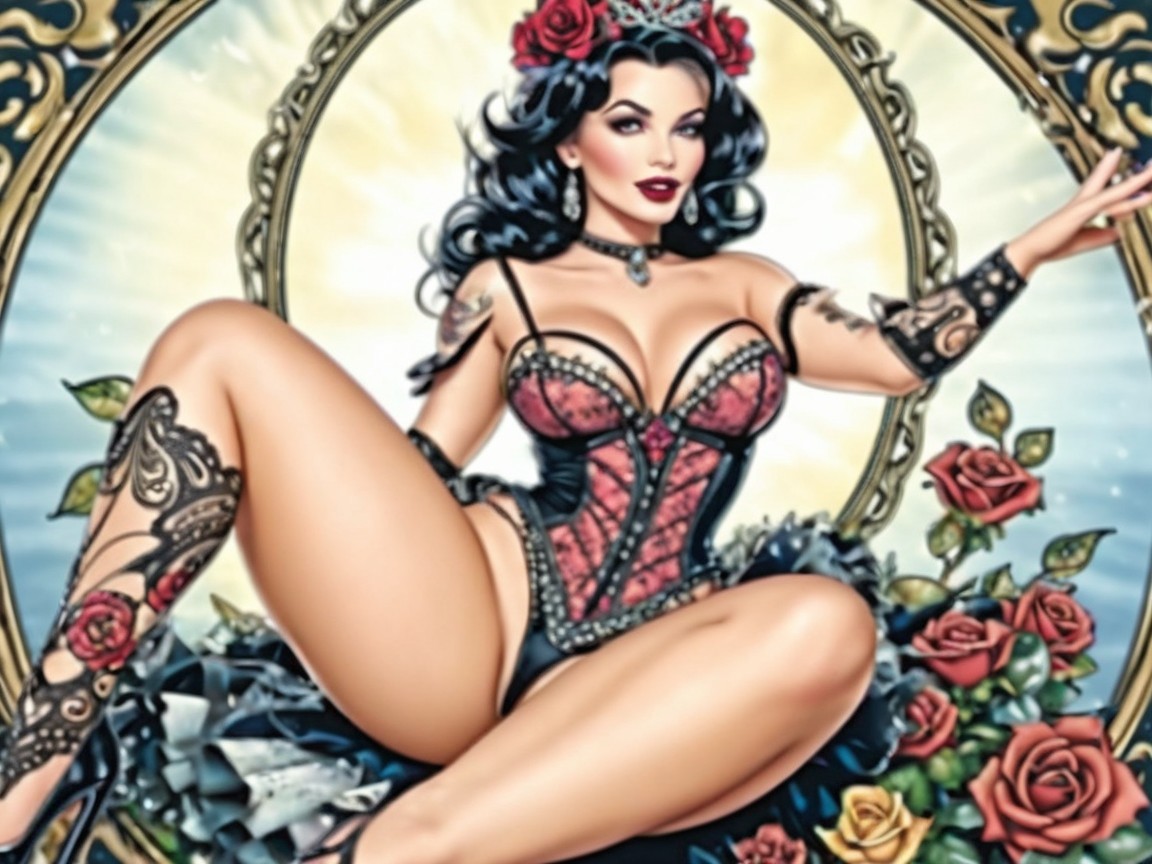 Glamorous Woman in Corset Surrounded by Roses