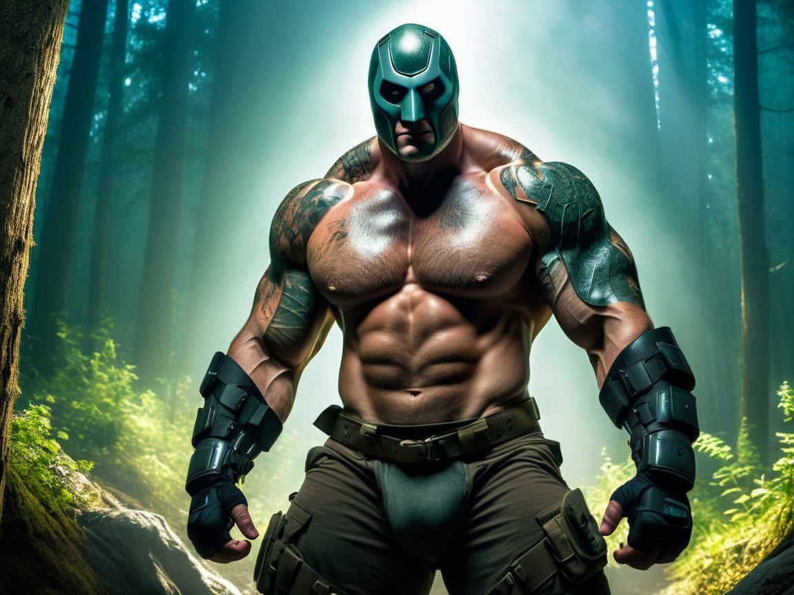 Muscular Figure in Misty Forest with Armor and Tattoos