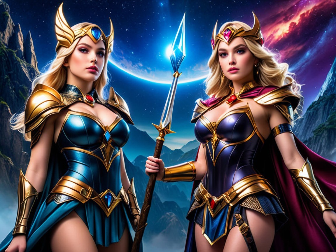 Powerful female warriors in shimmering armor with spears