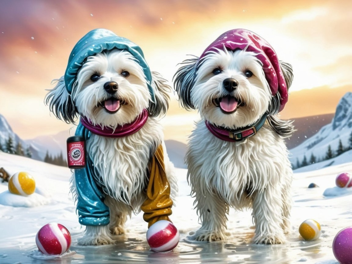 Shih-Tzu Puppies in Winter Attire on Icy Surface