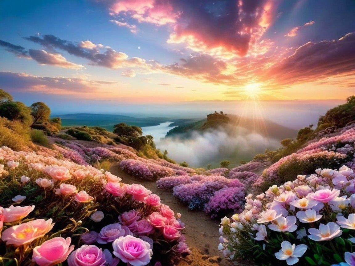 Vibrant Sunset Landscape with Flowers and Water
