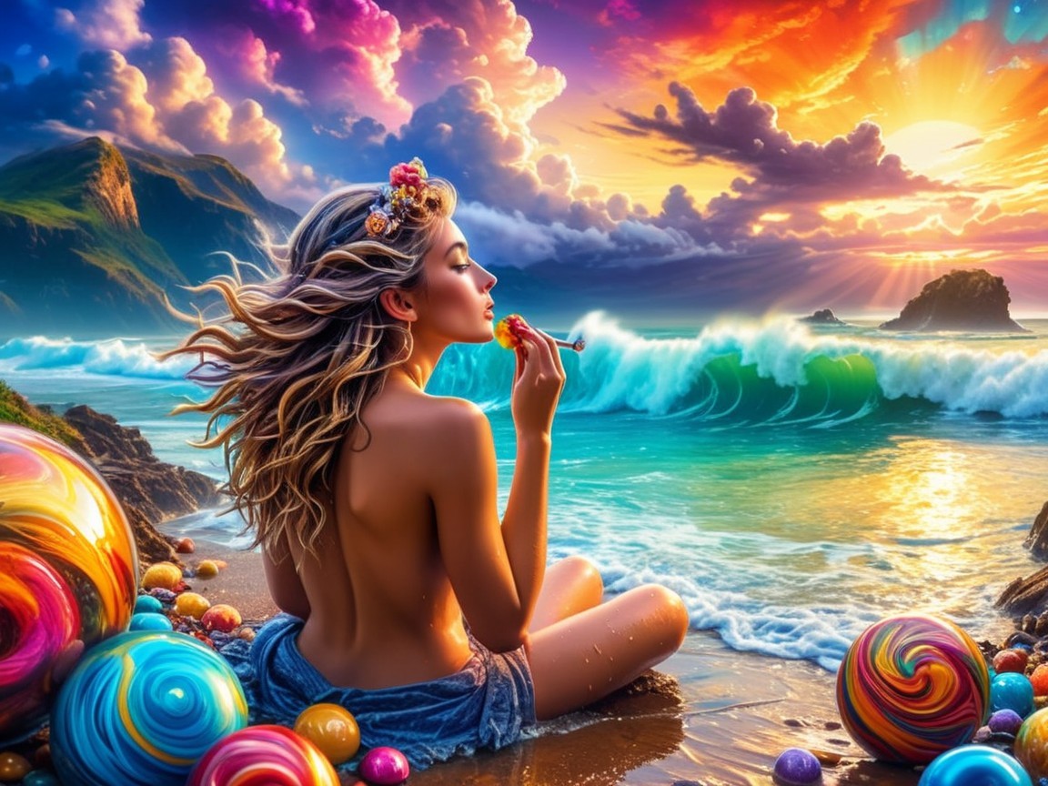 Serene Beach Scene with Woman and Colorful Elements
