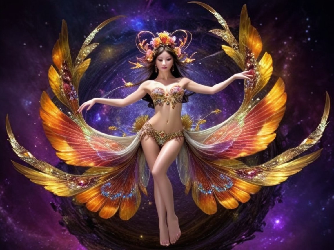 Mystical Figure in Colorful Feathers Against Galaxy