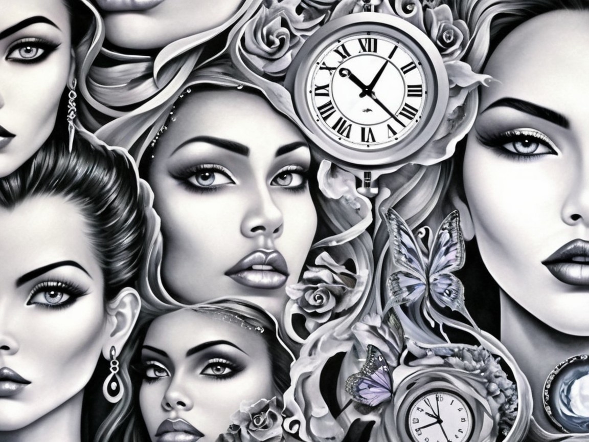 Intricate Collage of Female Faces with Roses and Butterflies