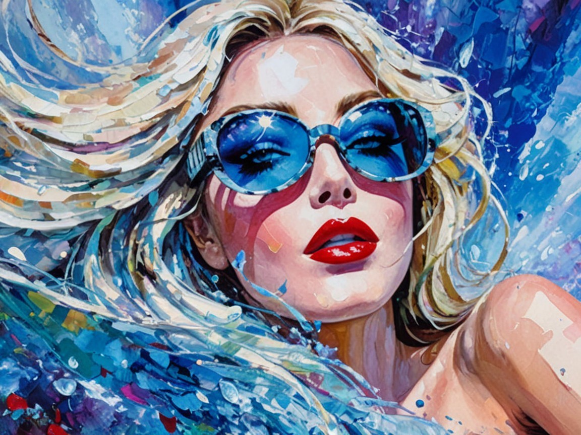 Colorful portrait of a woman with blonde hair and sunglasses