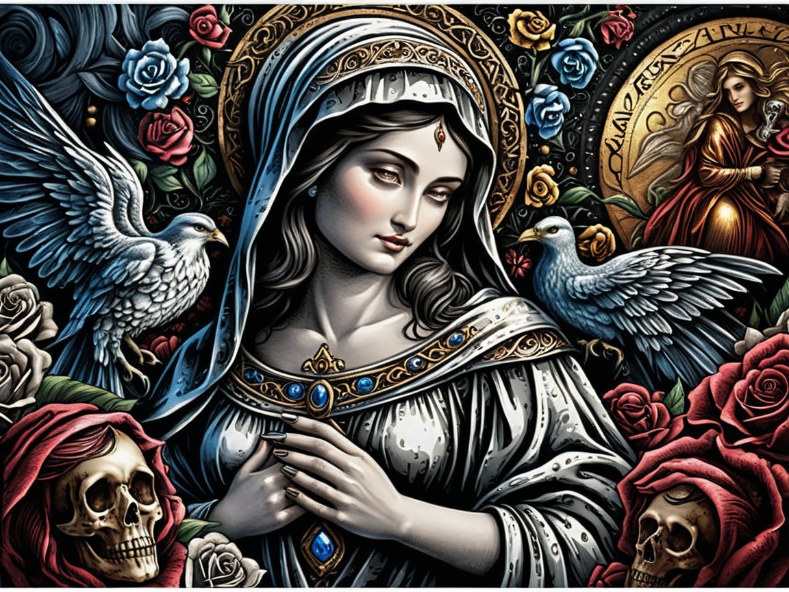 Serene Woman with Doves, Roses, and Skulls