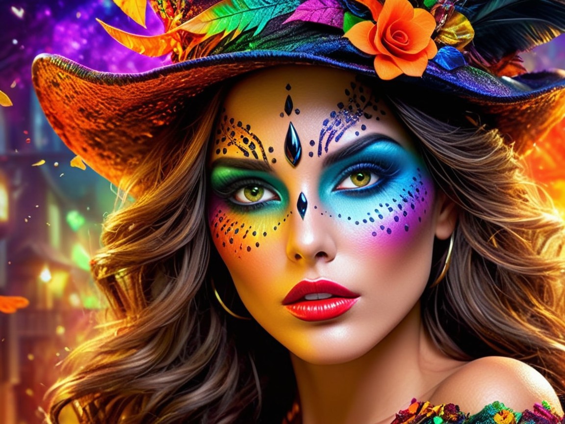 Vibrant Makeup and Festive Atmosphere with Decorative Hat