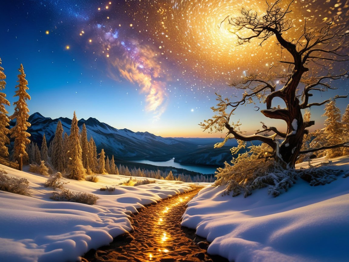 Winter Landscape with Snowy Path and Galaxy Sky