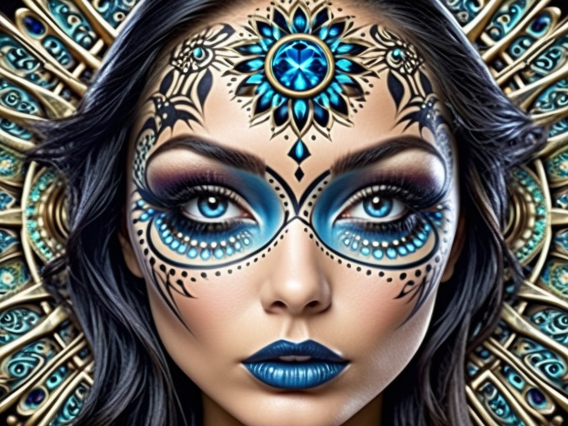 Portrait of a woman with facial tattoos and blue makeup