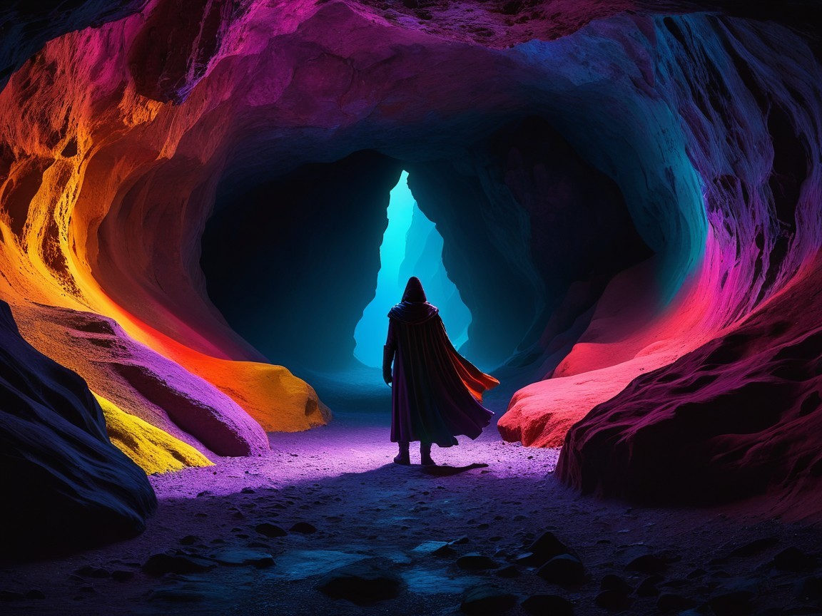 Cloaked Figure in Vibrant Cave with Ethereal Light