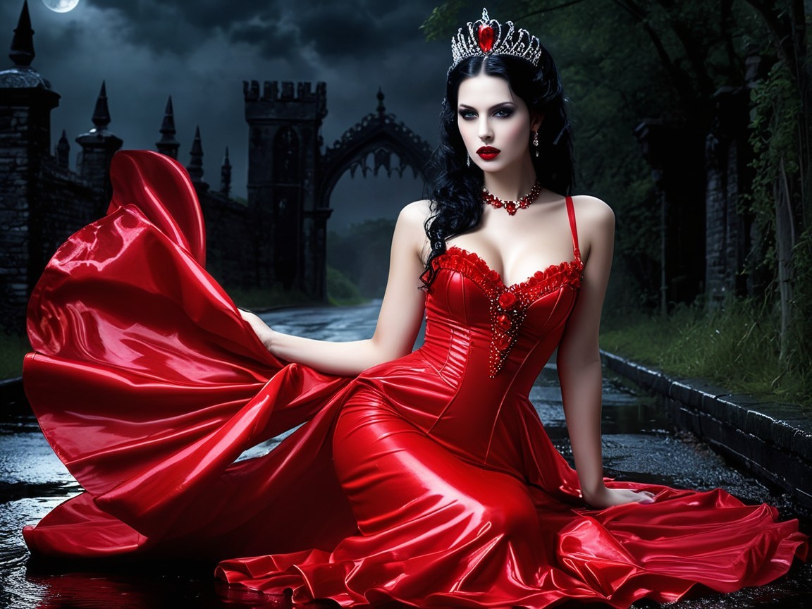 Elegant woman in red gown with gothic backdrop