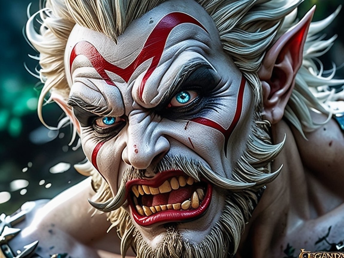 Muscular Warrior with Dramatic Facial Markings and Fangs