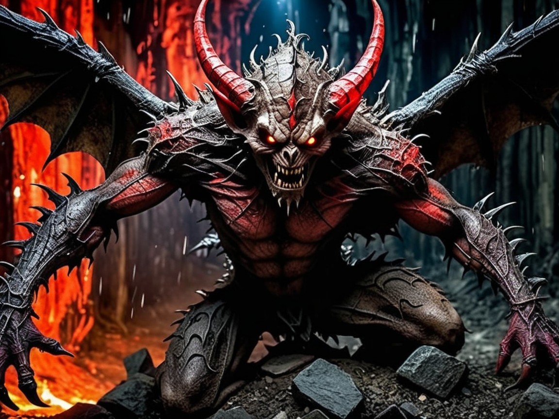 Muscular demon with bat wings in dark, fiery setting
