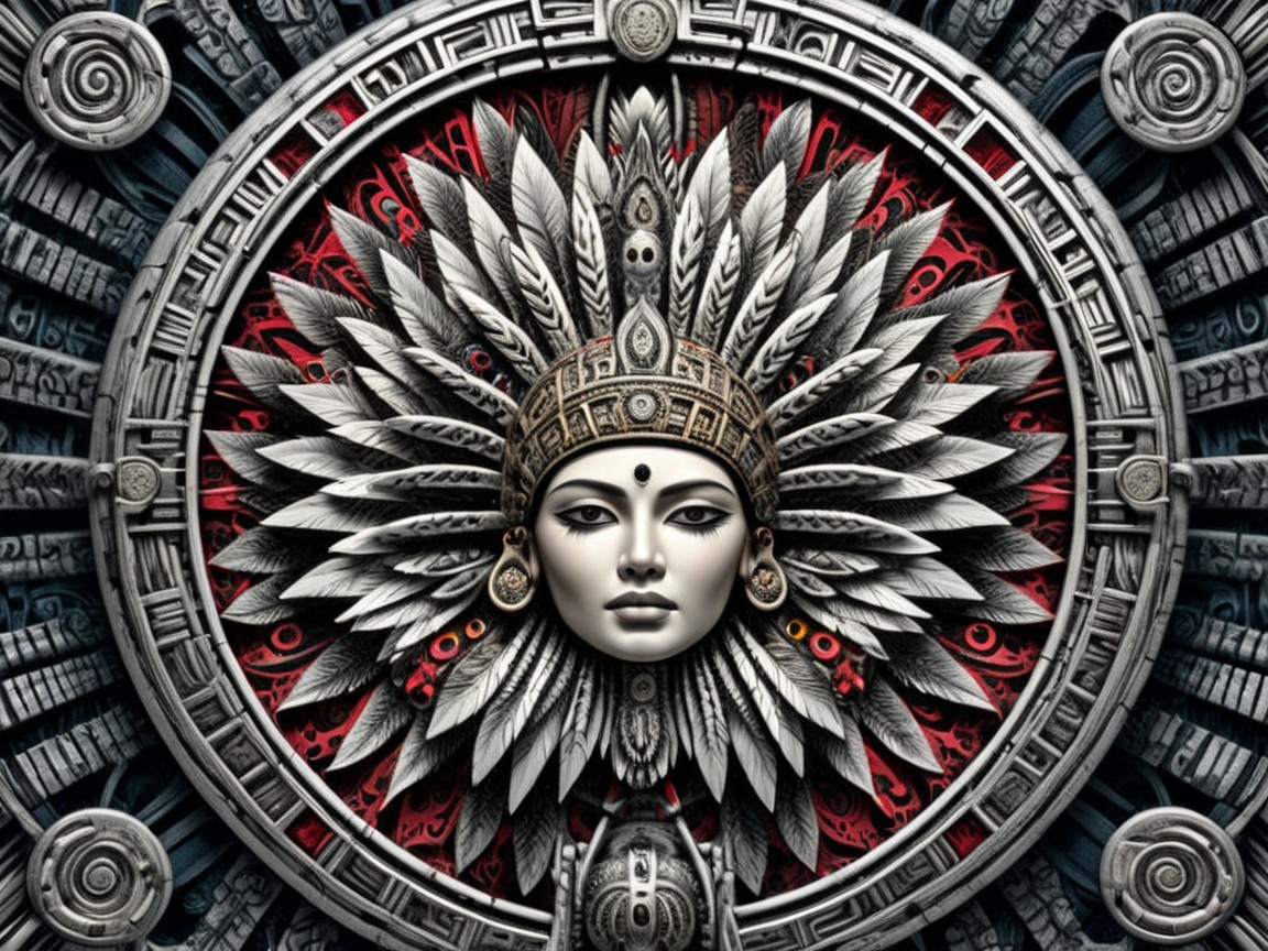 Intricate Central Face Design with Feathers and Patterns