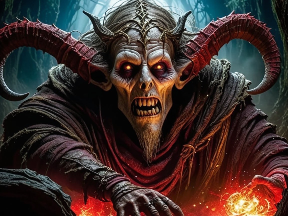 Menacing demon with horns in dark forest setting
