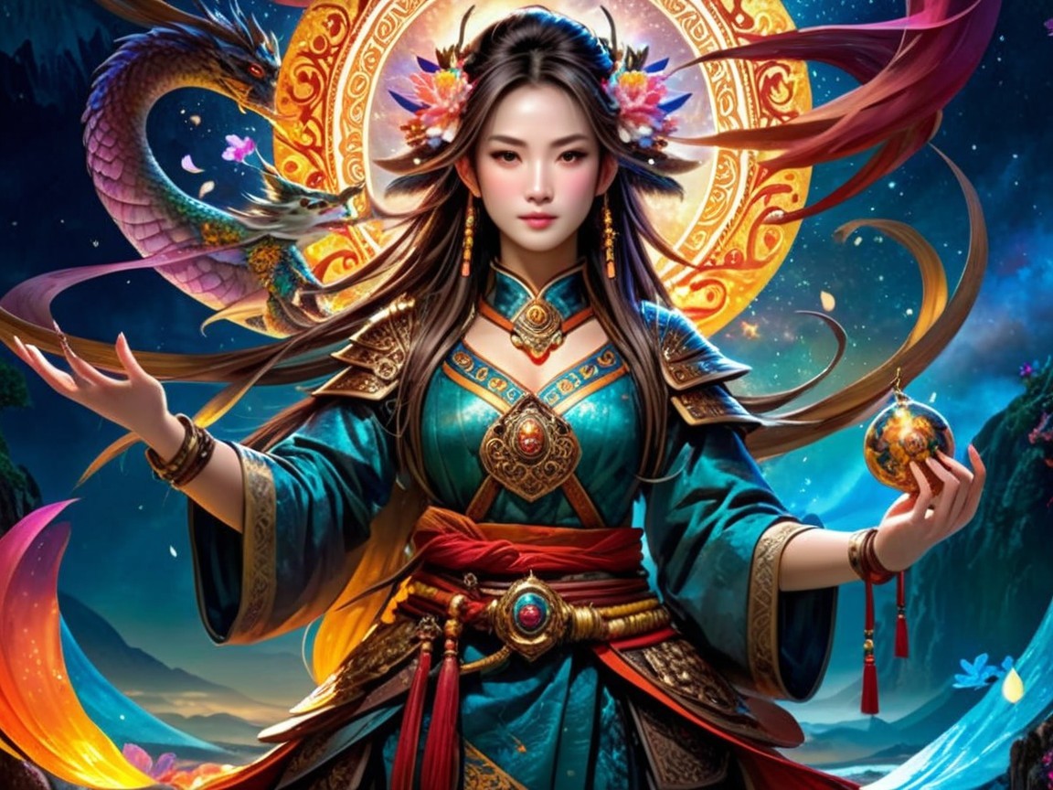 Majestic figure in vibrant robes against cosmic backdrop