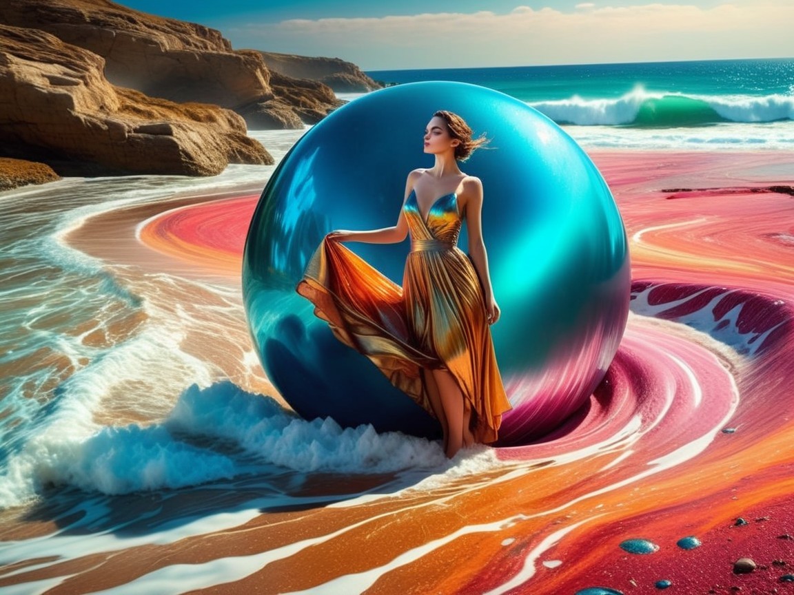Serene Beach Scene with Reflective Orb and Woman