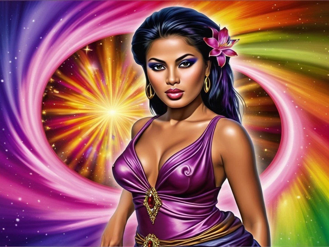 Striking Woman in Purple Dress with Colorful Background