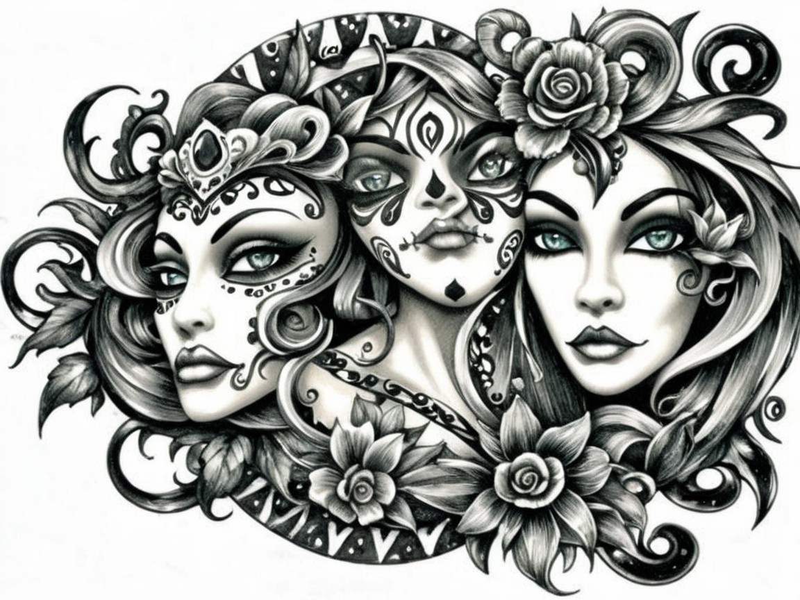 Black and white illustration of three unique female faces