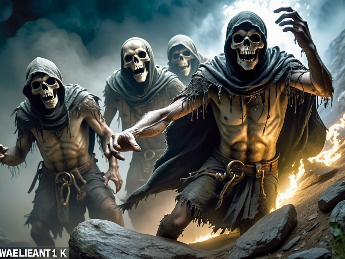 Skeletal Figures in Dark Cloaks Amidst Flickering Flames