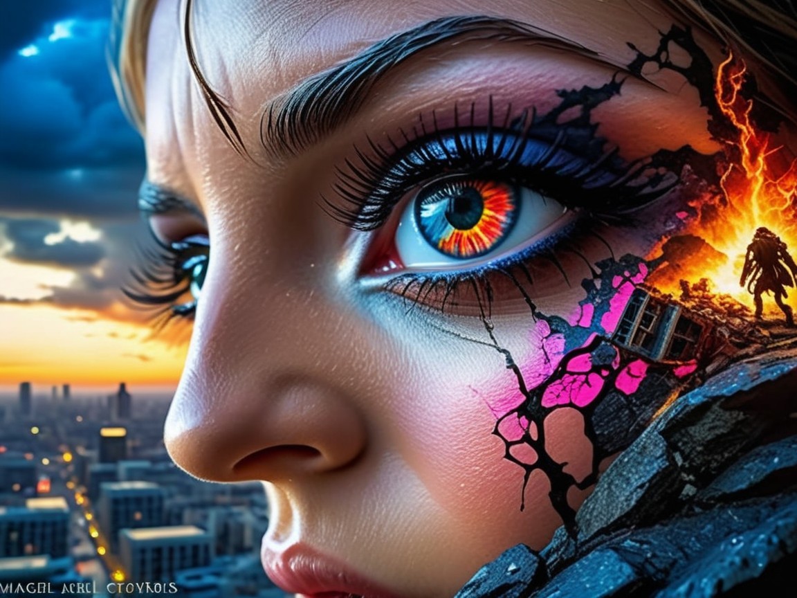 Close-Up of Woman's Face with Surreal Landscape