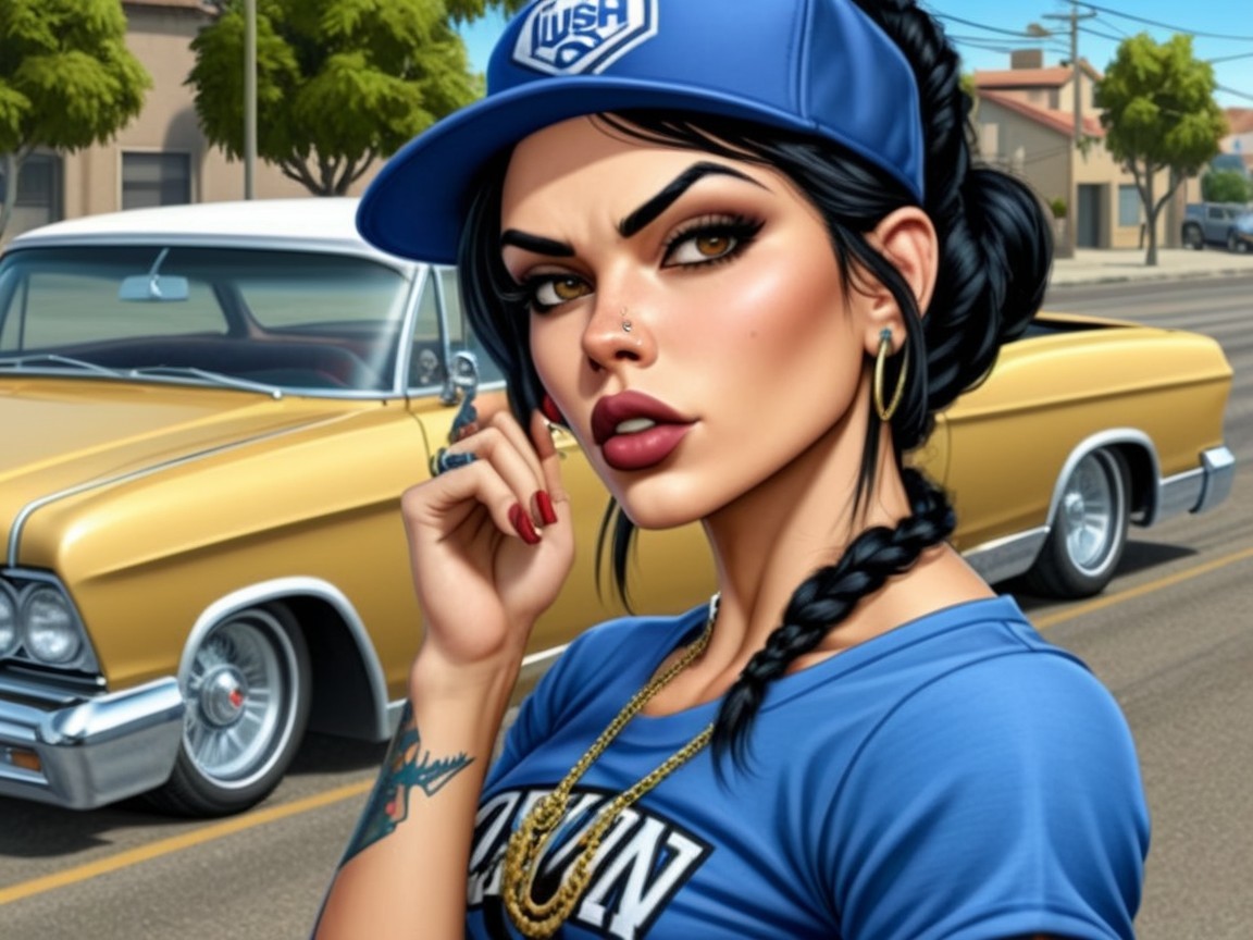 Confident Woman in Blue Cap with Vintage Car Background