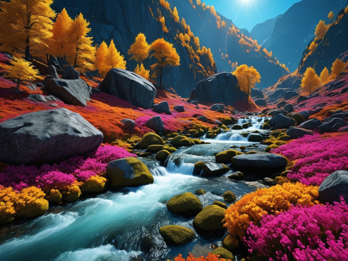 Vibrant Valley with Stream and Colorful Vegetation