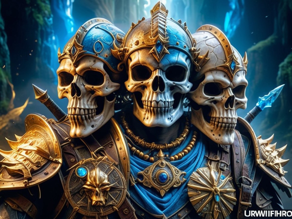 Ornate armored figure with three skulls and magic themes