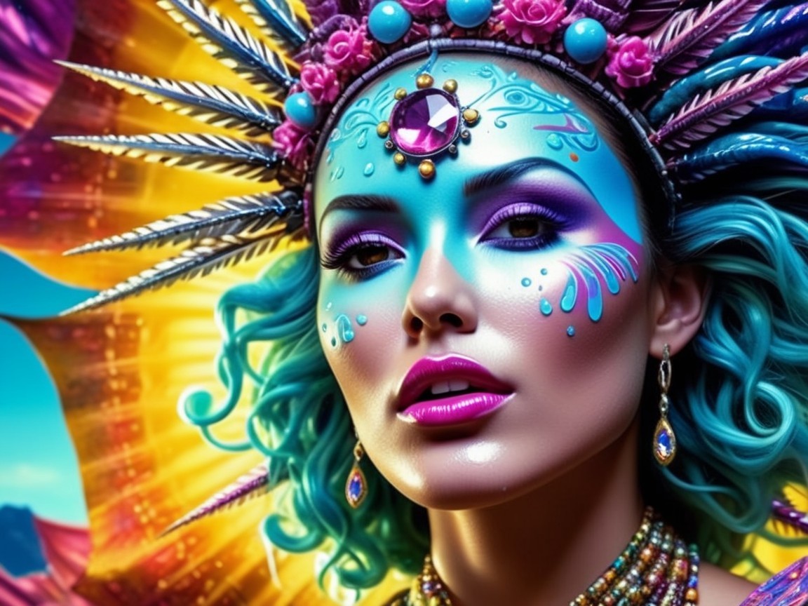 Vibrant Artistic Makeup and Elaborate Headdress Design