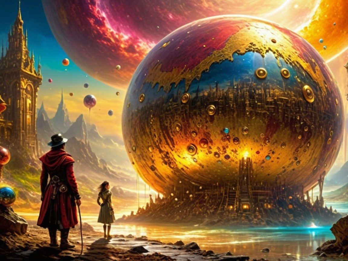 Floating City on Giant Orb with Vibrant Sky and Figures
