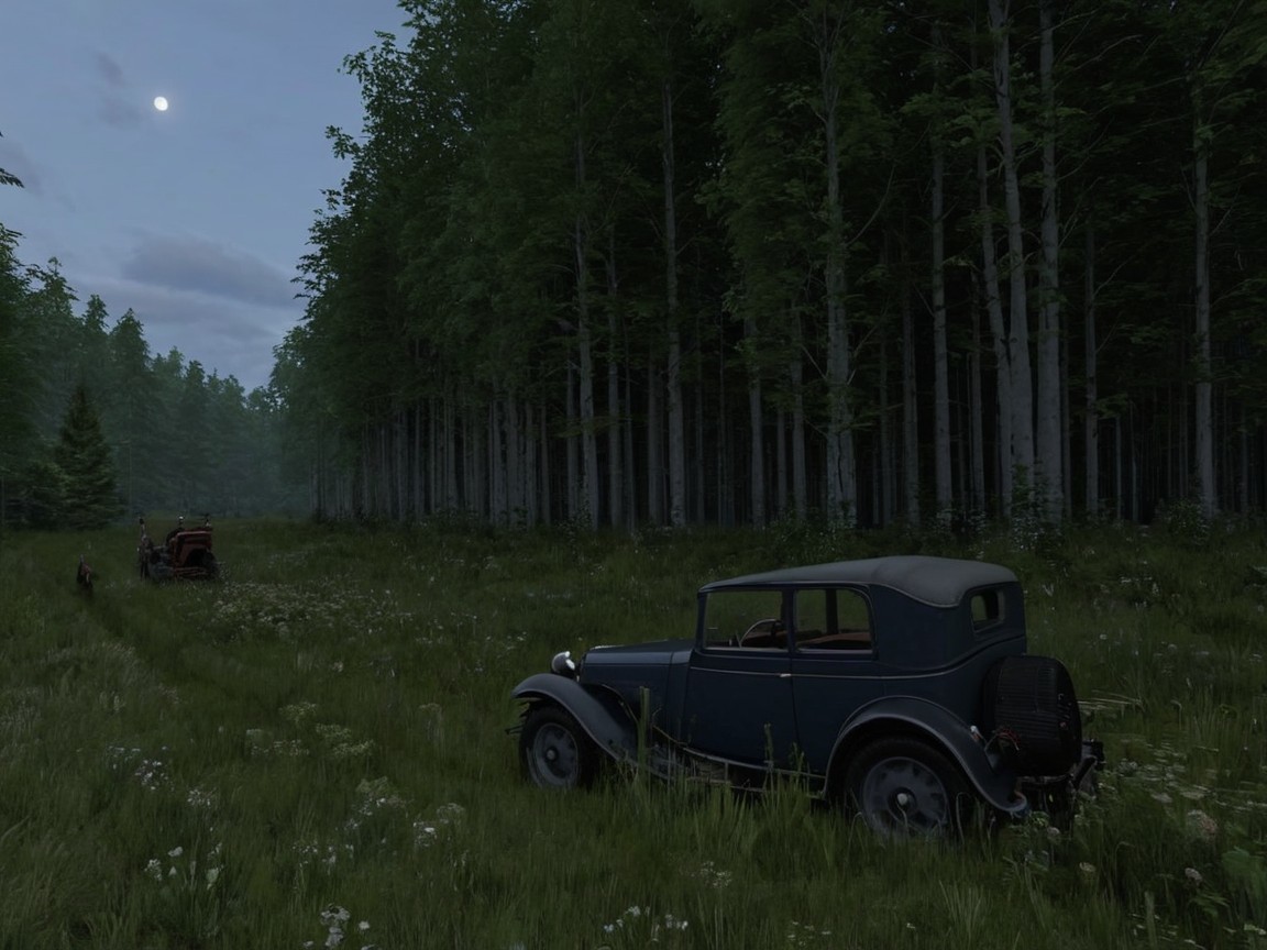 Vintage Cars in a Moonlit Forest Setting